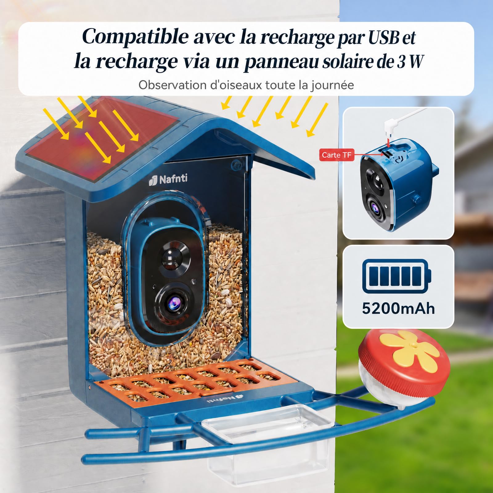 Mangeoire oiseaux extérieur avec caméra 2K, reconnaissance IA des espèces via application, solaire, WiFi 2,4/5 GHz, vision nocturne, notifications instantanées