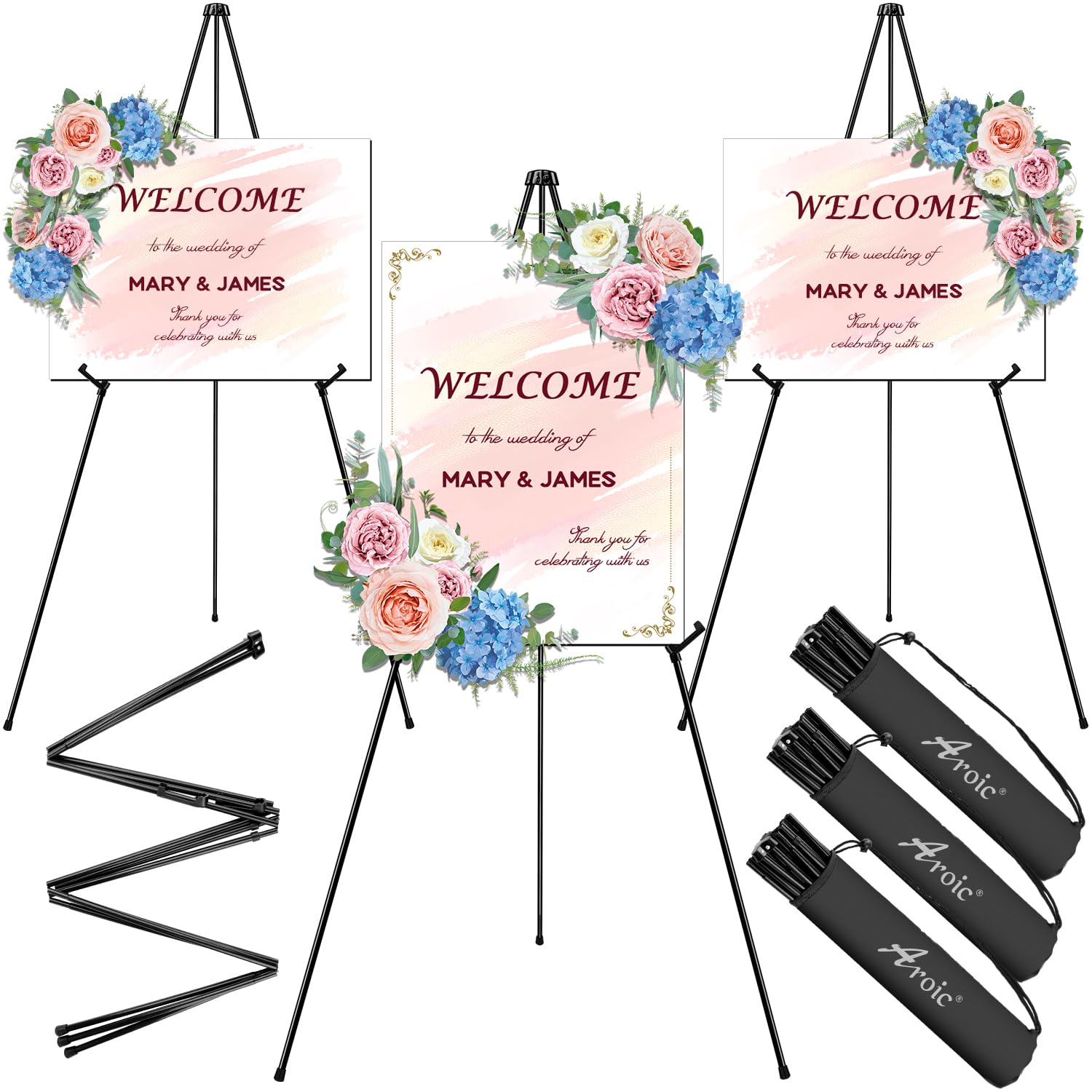 AROIC 63\" Easel Stand for Display, 3 Pack Portable Foldable Metal Easel, Easels for Signs Wedding Logos,Arts, Painting,Adjustable Floor Easels with 3 Storage Bag INCOMPLETE