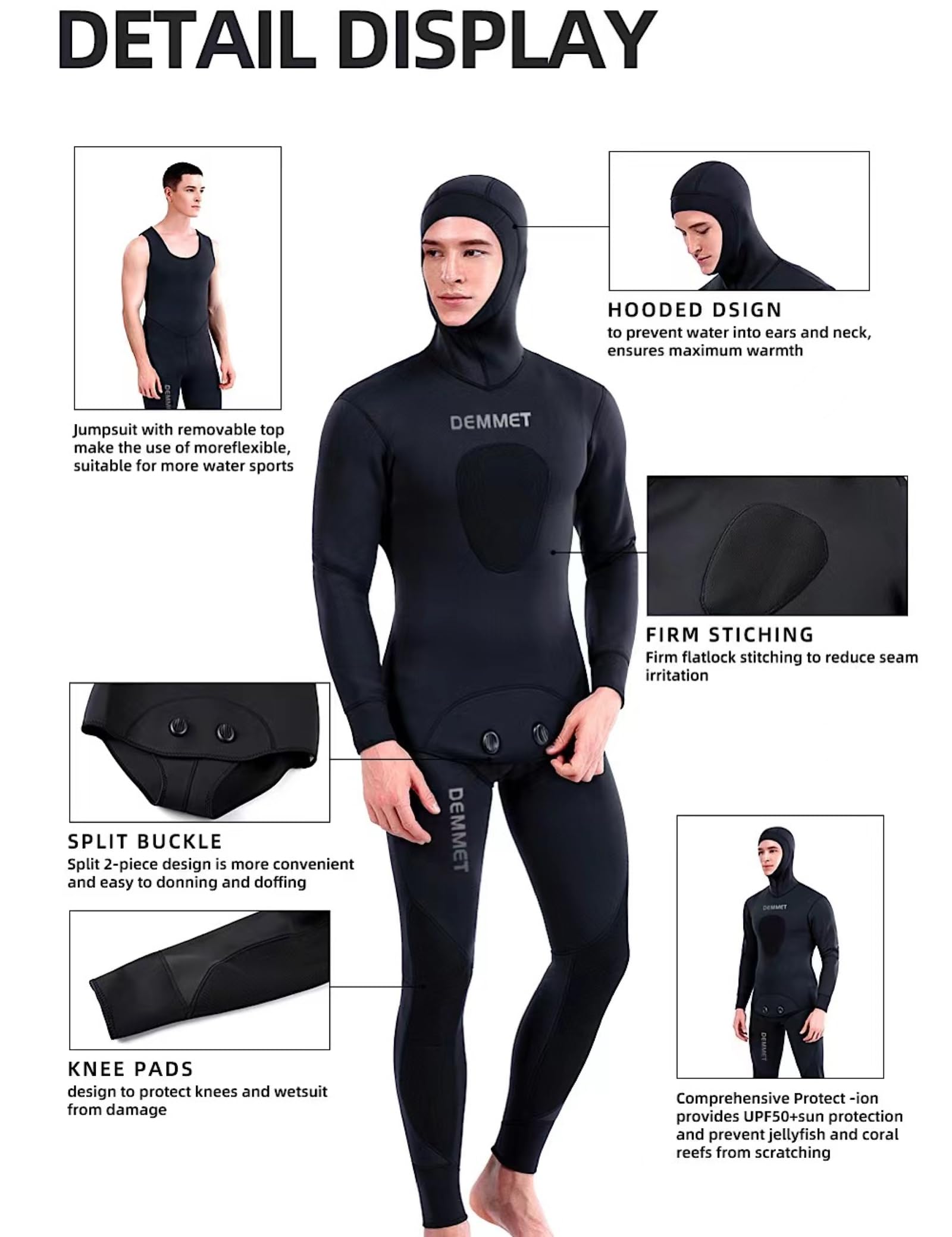 Camo Spearfishing Wetsuits Men 3MM Neoprene Hooded 2-Pieces Long Sleeve Full Body Diving Suit Fish Hunting Scuba Snorkeling Surfing Swimsuit (Black, X-Large)