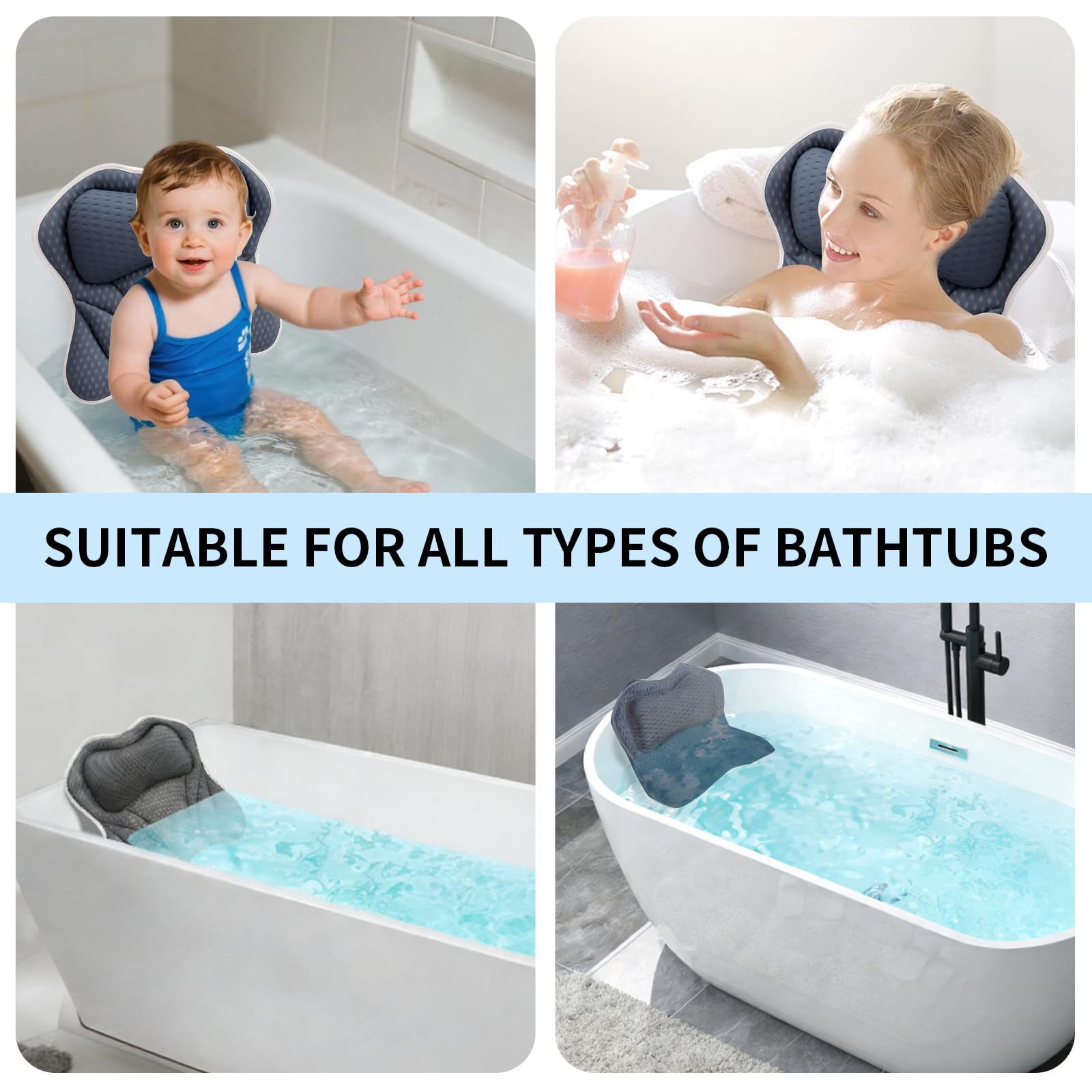 Almohada de Bañera, Cojín de Baño Confortable para Cabeza, Cuello, Espalda y Hombros, 4D Air-Mesh con 6 Ventosas, Accesorio SPA en Casa, Adaptable a Todas Las Bañeras