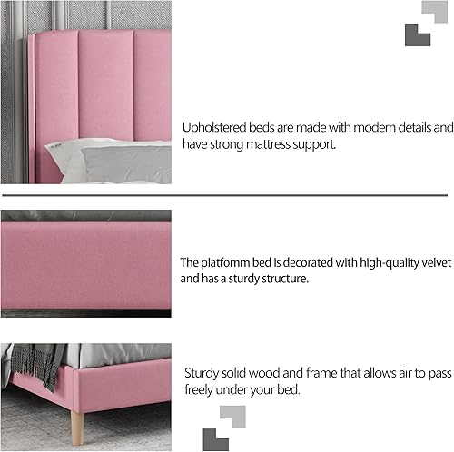 Miniatura 29 de Zoophyter Base de cama tapizada de tamaño matrimonial con cabecero, listones de madera fuertes, no necesita somier, fácil montaje, lino blanco