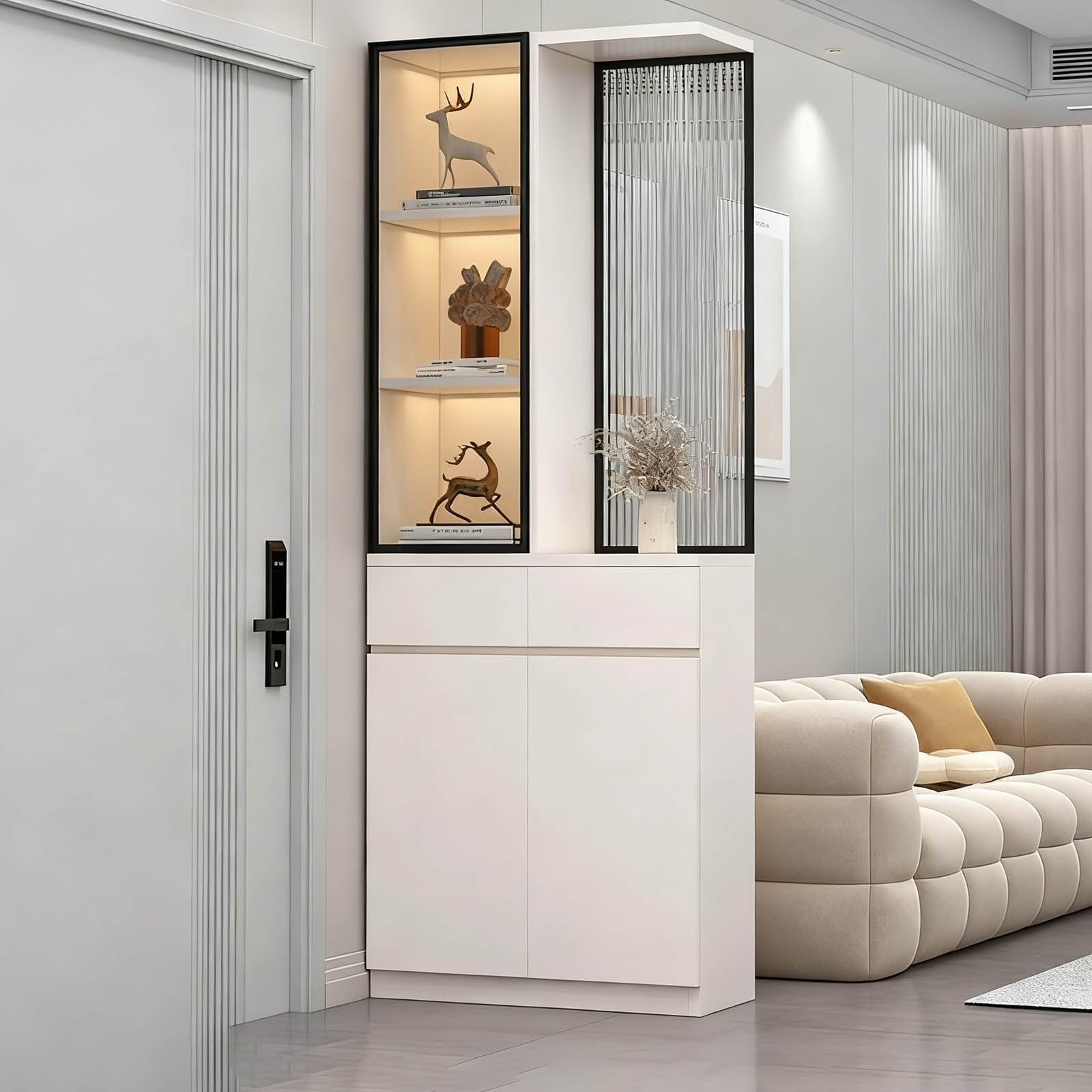 Colonne de séparation de 200 cm de Haut avec Verre trempé Opaque, cloison Murale en Bois du Sol au Plafond avec Espace de Rangement, aux entrées, aux Bureaux et Autres lieux.(A,80cm/31.5in)