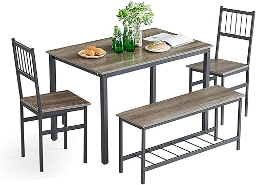 Miniatura 7 de Mesa de cocina de 43 pulgadas con 2 sillas y 1 banco con estante de almacenamiento, juego de mesa de comedor para 4 para cocina, comedor, rincón de