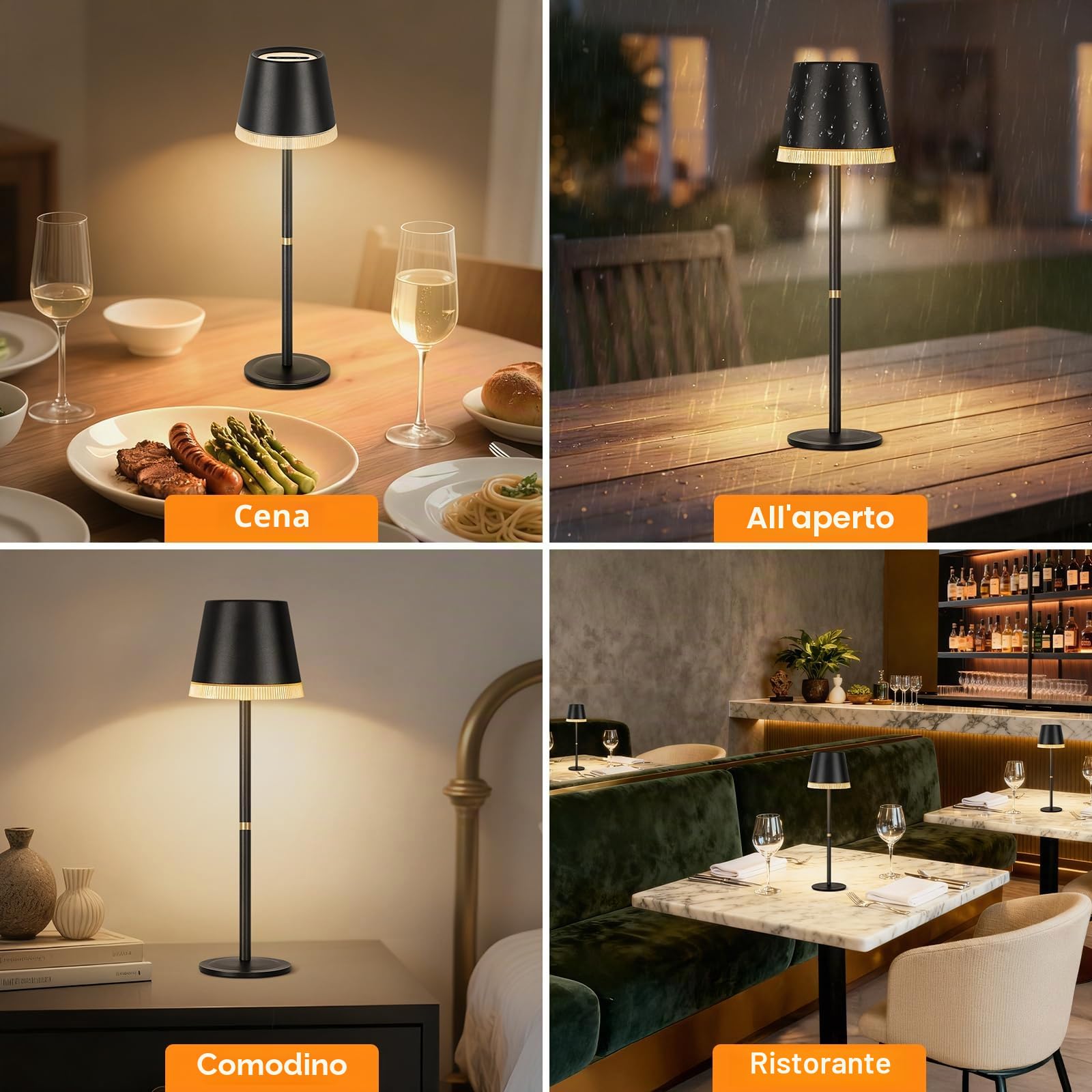 OUTON 2 Pezzi Lampada da Tavolo Senza Fili con 3 Modalità, Nero | Colore e Luce RGB, Lampada LED Ricaricabile con Touch, Dimmerabile, Memoria, Impermeabile IP54 per Camera da Letto
