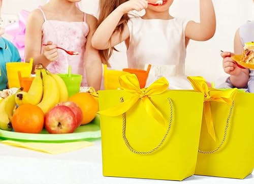 Miniatura 7 de HUAPRINT Bolsas de regalo con asas, bolsas de recuerdo de fiesta con cinta de lazo, 12 bolsas de papel amarillas para cumpleaños, boda, dama de