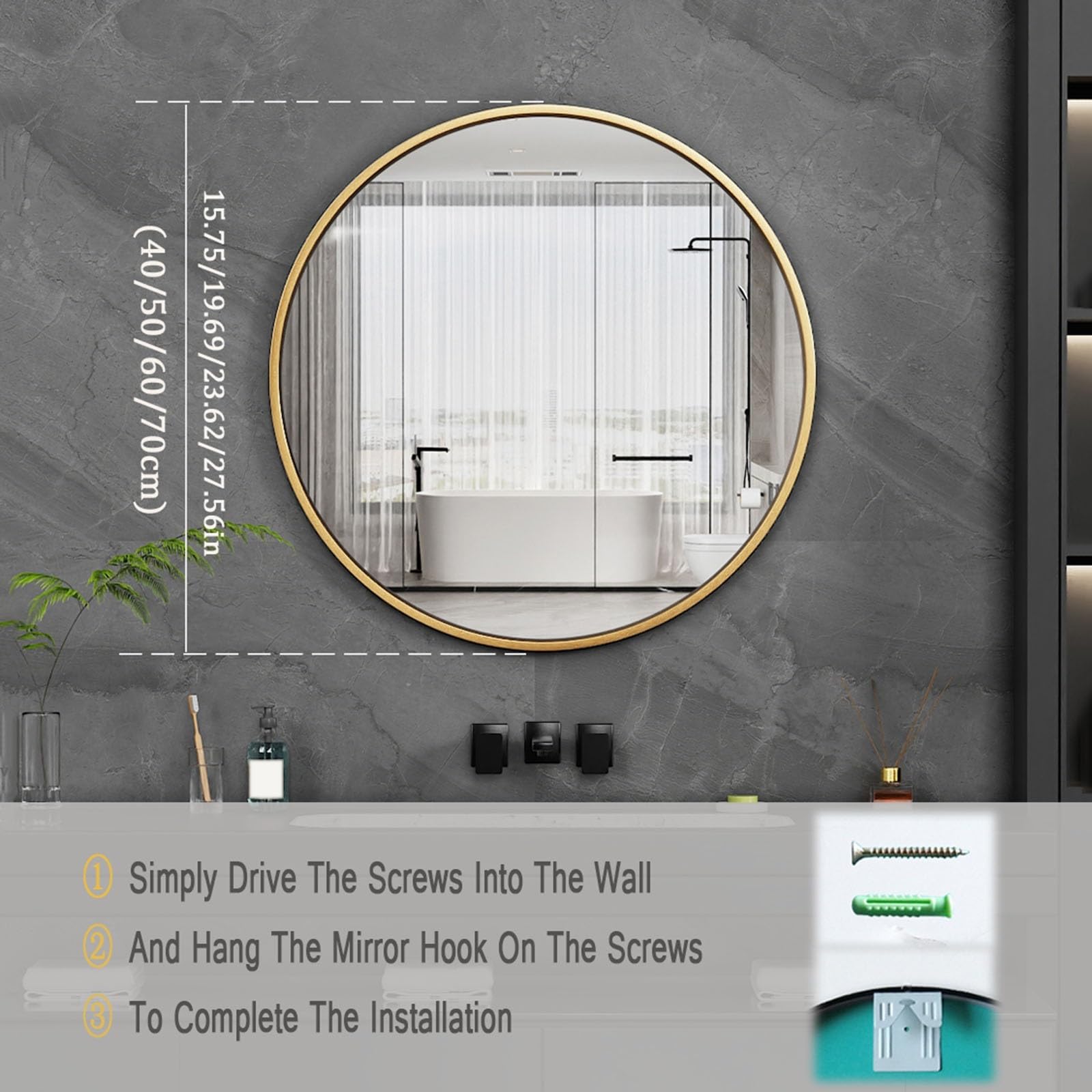 Specchio da Trucco Rotondo per Il Bagno, Specchio da Parete Moderno con Cornice in Lega, Specchio per Il Trucco da Toeletta HD, per Camera da Letto O Soggiorno, Nero/Oro(Nero,50cm/19.69in)