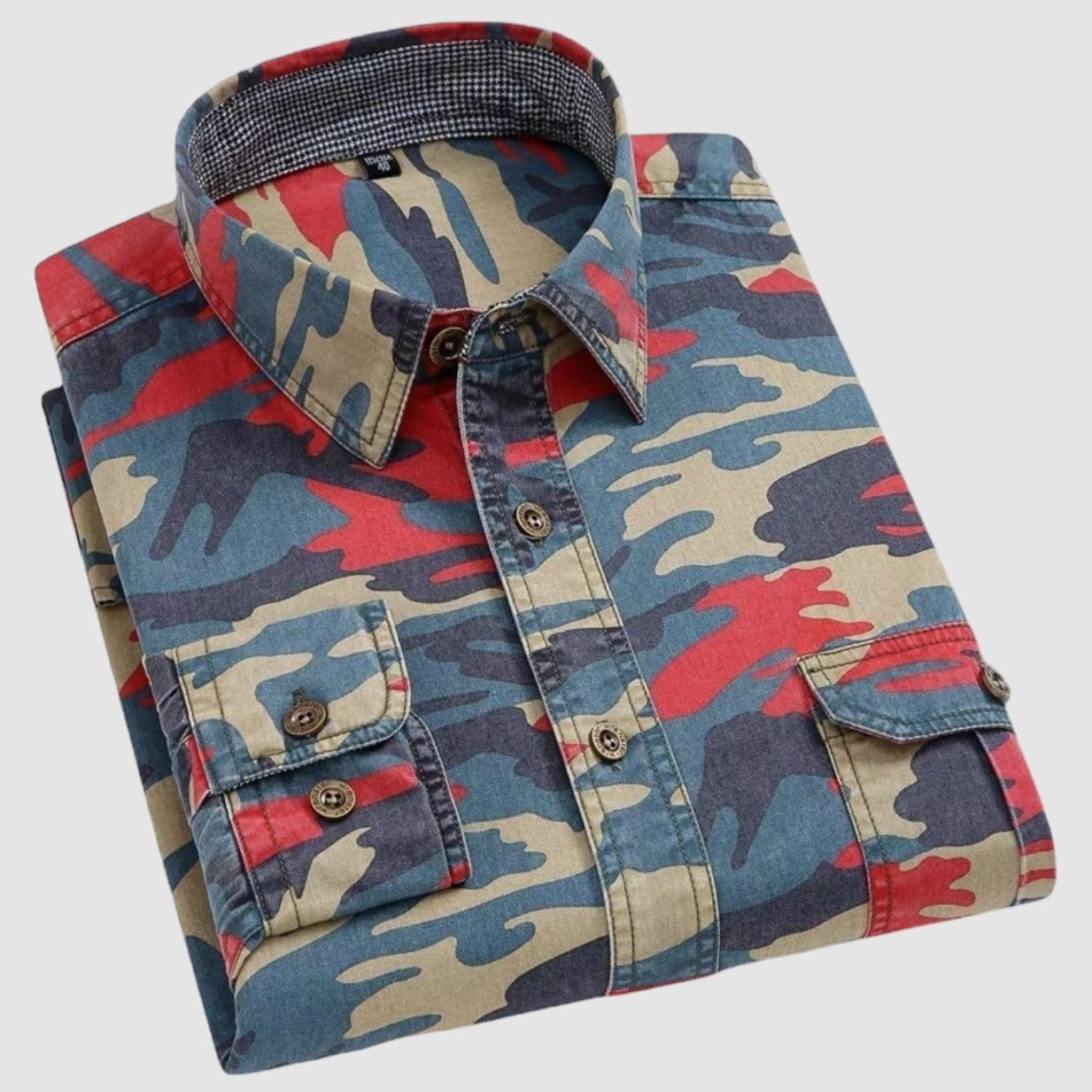 Camicia da lavoro a maniche lunghe da uomo in cotone vintage mimetico per uso quotidiano