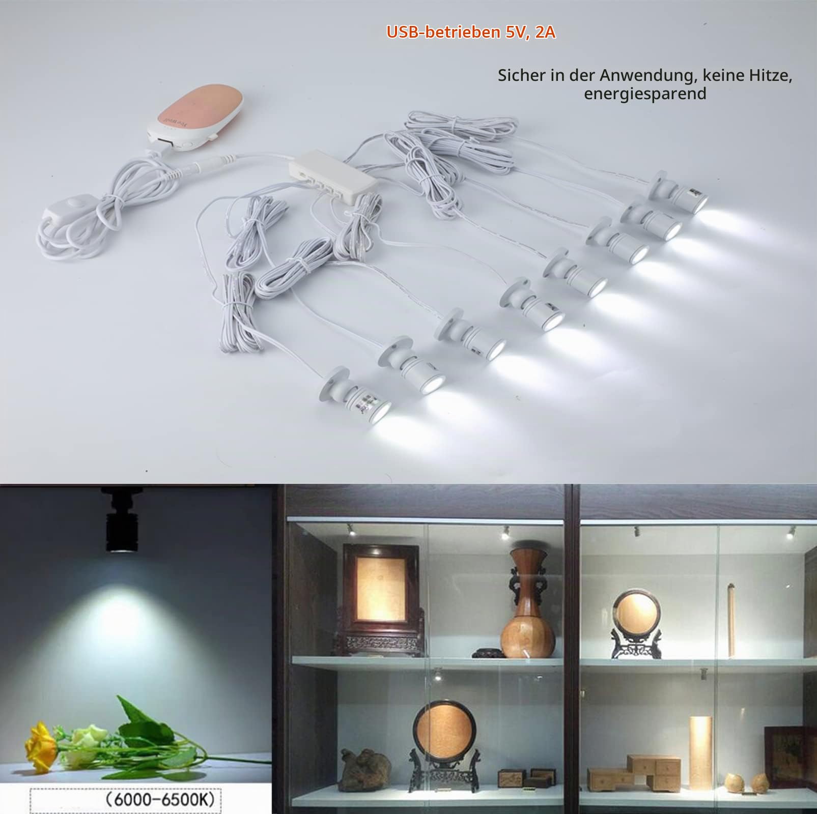 Cefrank Mini LED Spots Vitrinenbeleuchtung, dimmbar Einbaustrahler, Nachtlicht mit Drehbar Licht Kopf für Zuhause, Restaurants, Schrankbeleuchtung(1W, 8-Stück, Weiß)