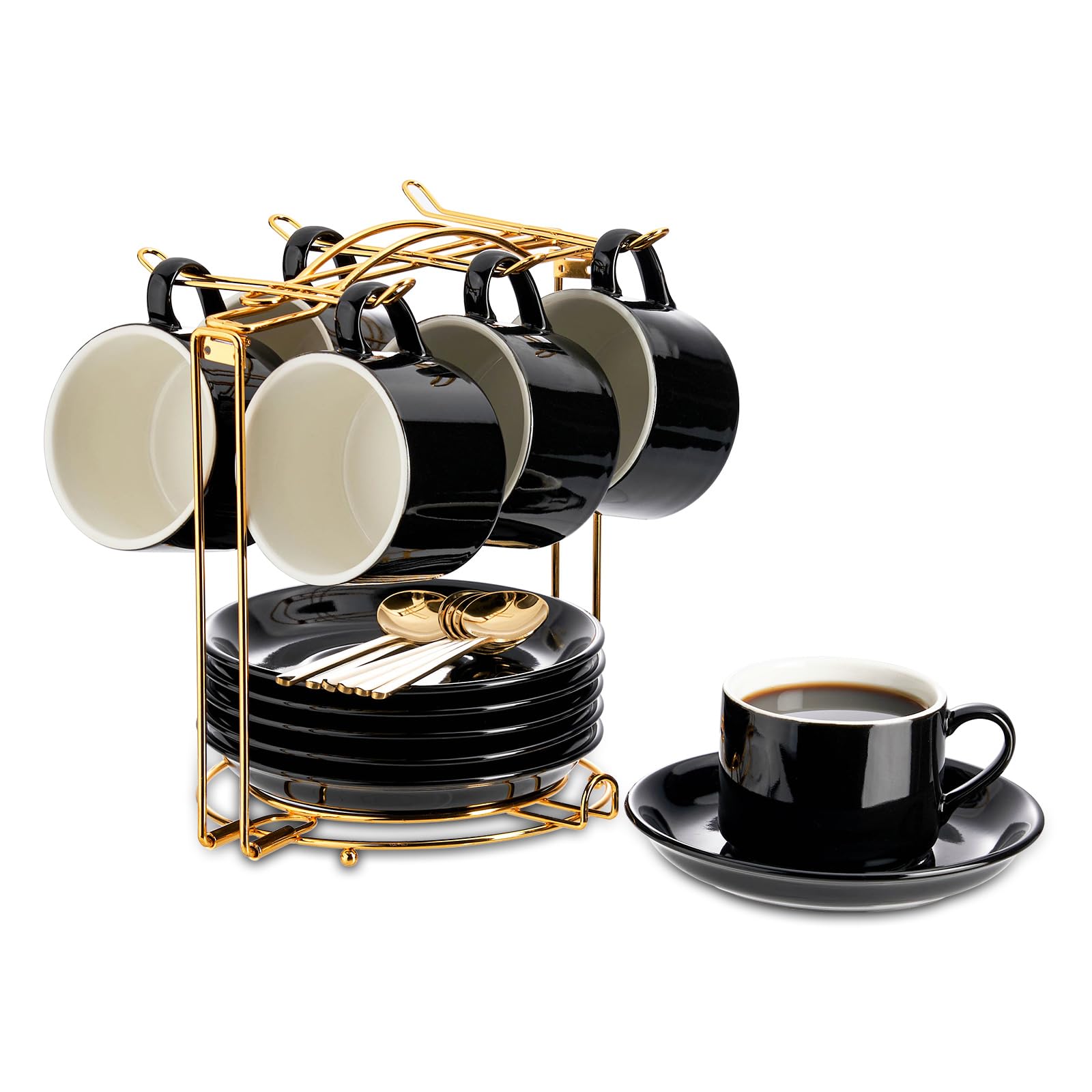 YOLIFE Espressotassen Set von 6 mit goldenen Löffeln und faltbarem Ständer, 113.4 g schwarze Kaffeetasse und Untertasse Set für Cappuccino, Latte, Americano, Tee, heiße Getränke