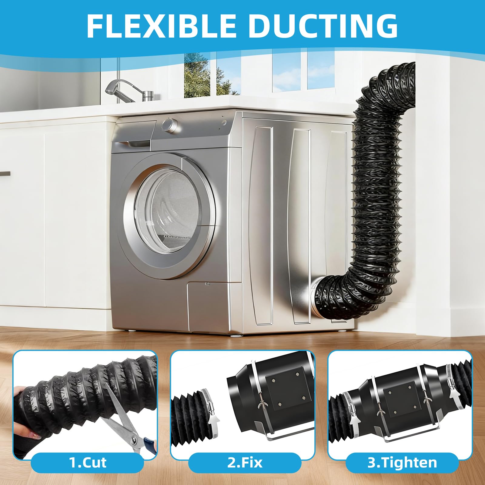 Tubo Flexible Campana Extractora de 100mm: 2m Manguera de Ventilación de Aluminio y PVC, Tubo Flexible de Salida de Aire con 2 Abrazaderas de Acero Inoxidable para Climatización Secadora (Blanco)