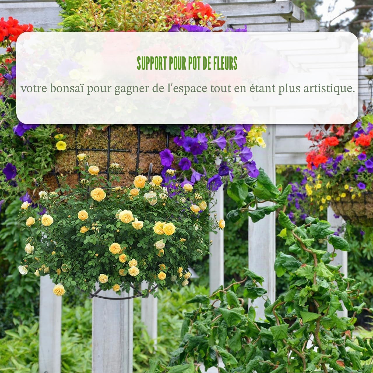Angoily Lot de 2 pots de fleurs ronds en métal à suspendre - Support de pot de fleurs en fil de fer - Support de pot noir - Étagère en fer - Panier à plantes de balcon pour clôture de balcon en plein