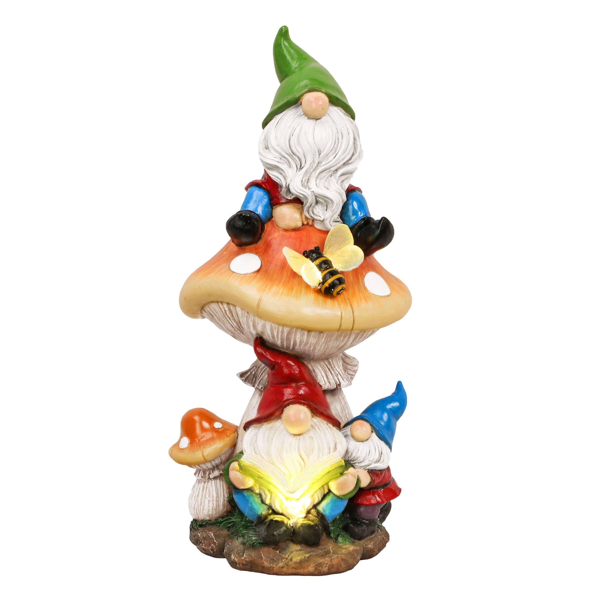 TERESA'S COLLECTIONSGarden Gnomes Statues Decorations for Yard with Solar Lights, Resin Santa Sculptures& Statues on Mushroom Reading Garden Outdoor for Patio Lawn Ornaments,Ideal Gifts 12.6"