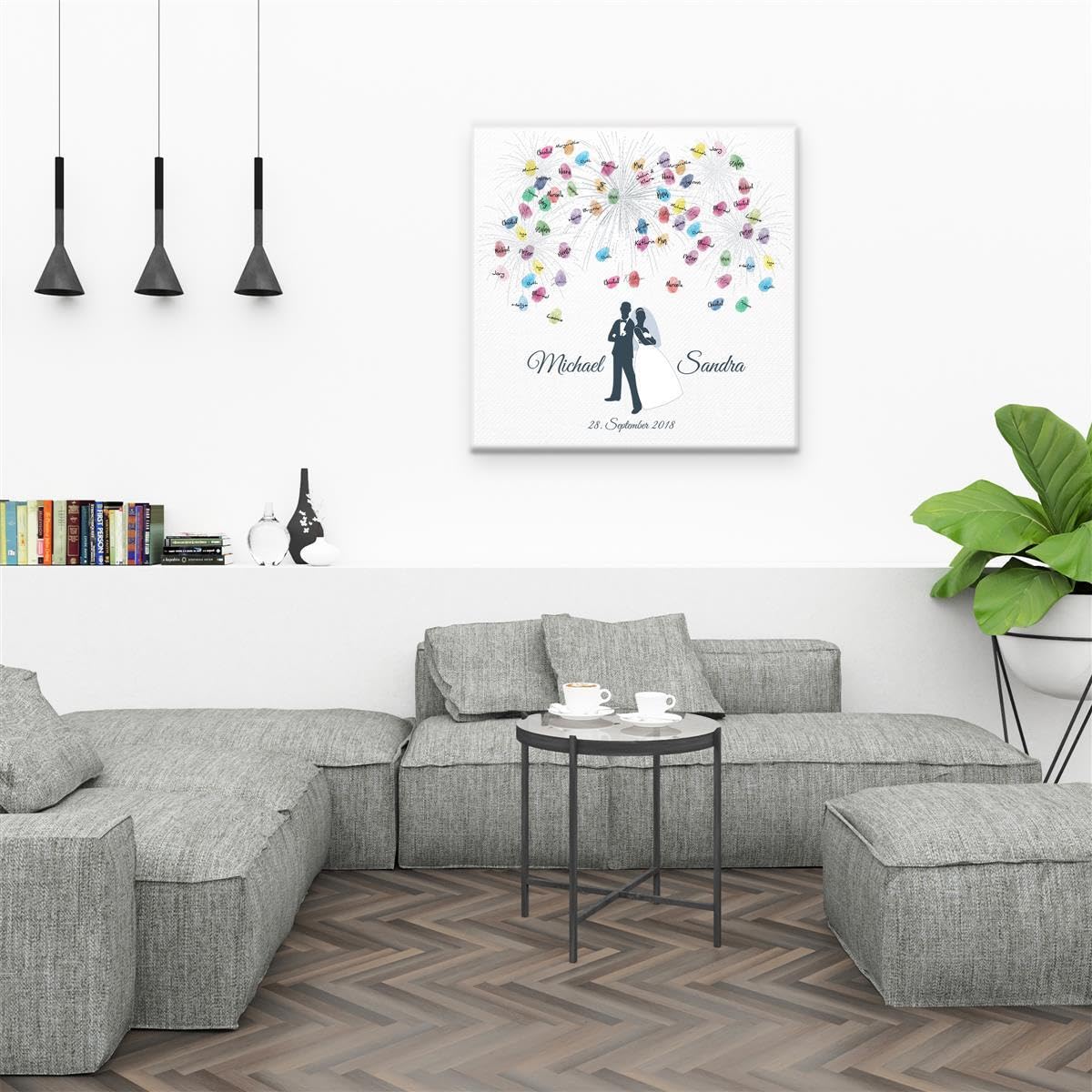 Madyes Płótno Ślub Odcisk palca Księga gości Spersonalizowana Para Młoda Para Fajerwerki jako prezent, dekoracja ślubna, imiona z datą. 50 x 50 cm duży na
