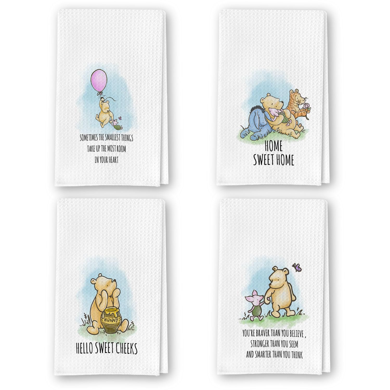 QZCYU Winnie Themed Culinary Linens Set of 4 - Pooh Bear Decor Accents for Kitchen & Bath Spaces - Dishcloths for Culinary Essentials - Charming