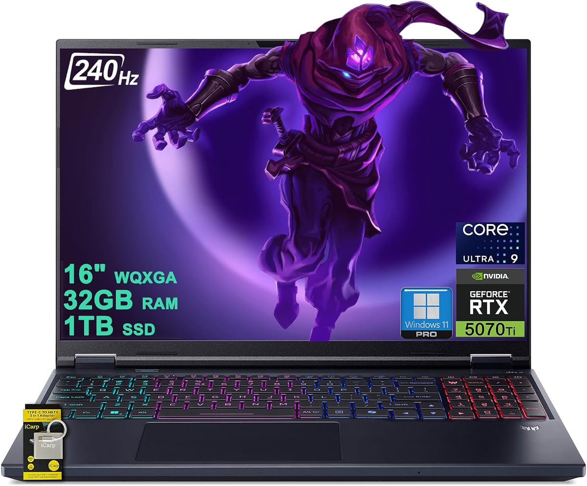 Acer Predator Helios Neo 16S AI Gaming Laptop 16" 2560x1600 OLED 240Hz (100% DCI-P3) Intel 24-core Ultra 9 275HX 32GB DDR5 1TB SSD GeForce RTX 5070 Ti GDDR7 DLSS4 (hasta 992 tapas AI) Win11Pro ICP Hub