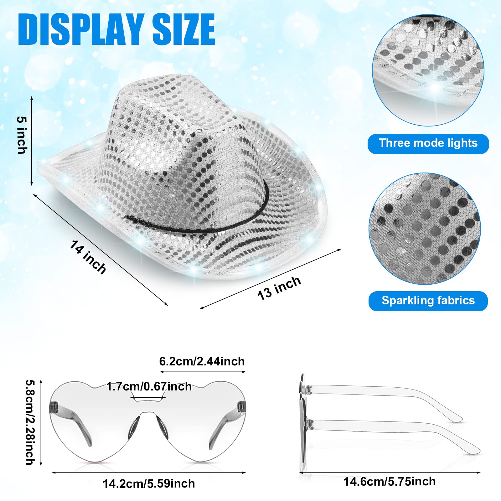 Zhanmai 6 Set LED Cowboy Hat Light Up Glitter Cowboy Hat with Sunglasses Sequin Space Cowgirl Hat for Women Men Costume Accessories (Gray)