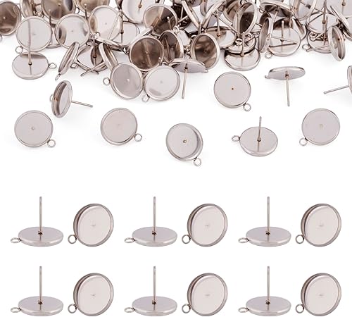 Pandahall - 100 aretes de acero inoxidable con ajuste de cabujón de 0.472 pulgadas (0.472 in), bandeja de bisel redonda plana con lazo para hacer