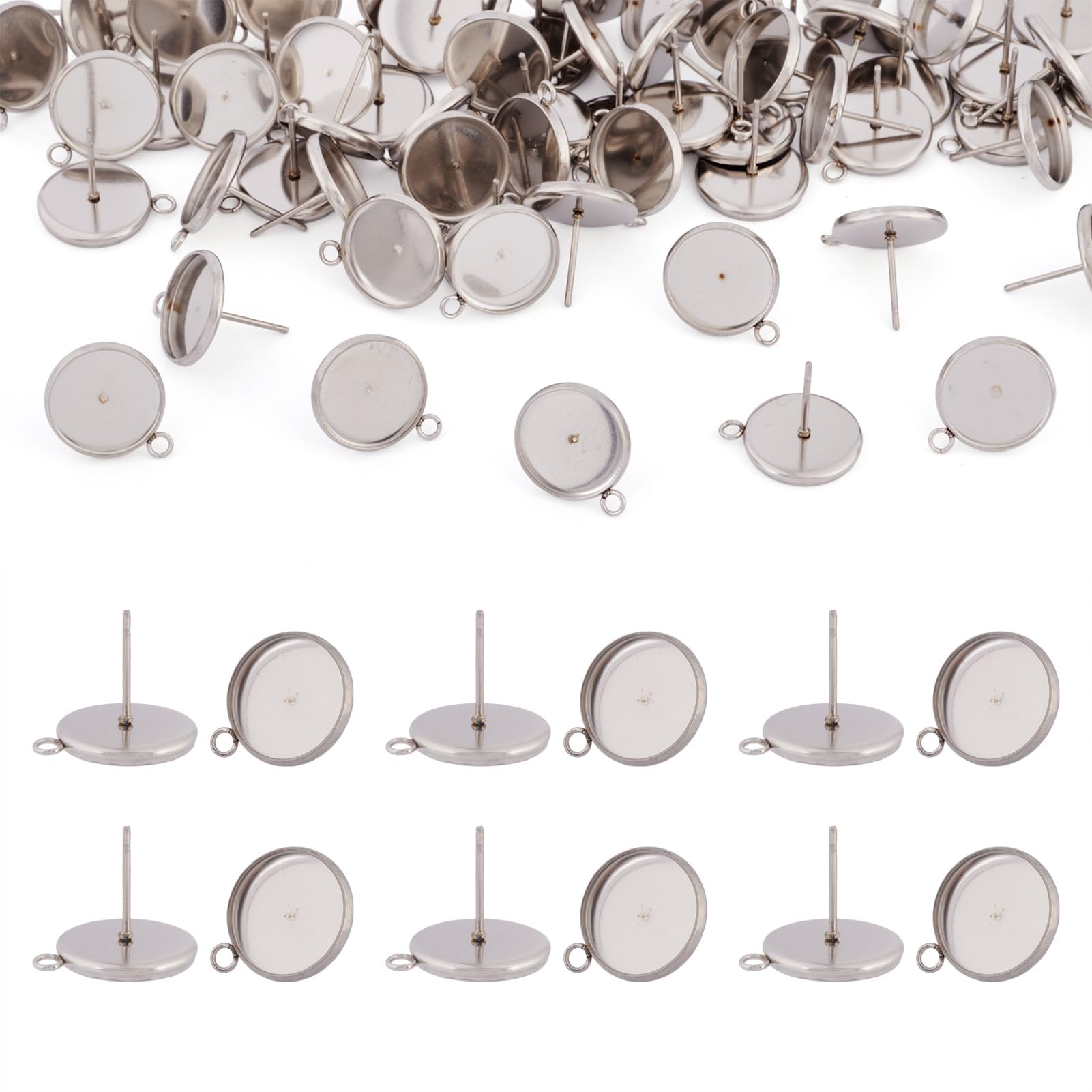 Pandahall 100Pcs Stainless Steel Stud Earring Cabochon Setting 12mm Flat Round Post Cup Bezel Tray with Loop for Jewelry Making Findings