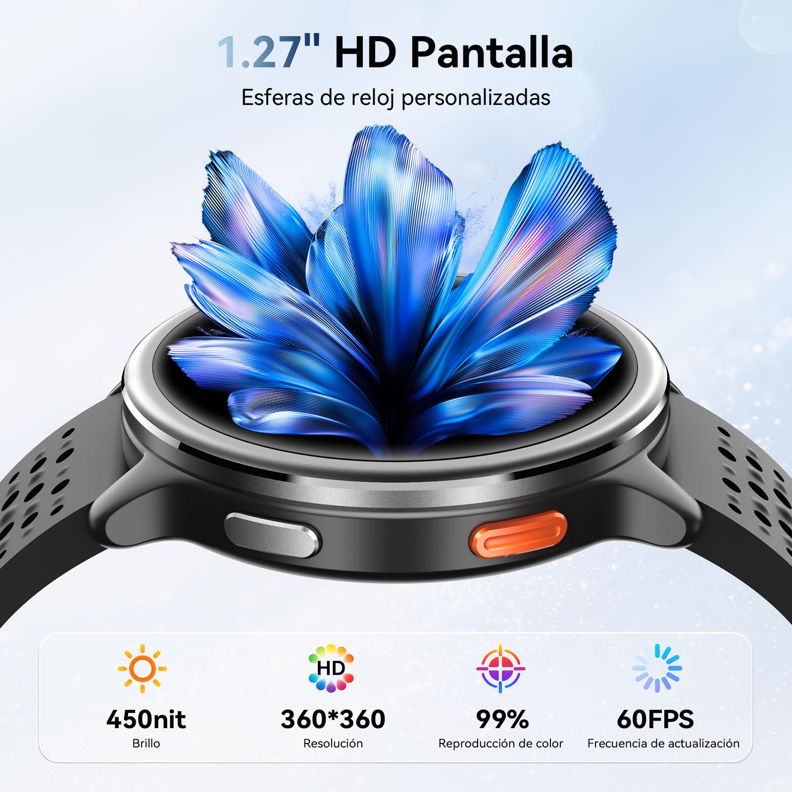 Reloj Inteligente Hombre 1.27" Smartwatch Mujer Redondo 2 Correas, Monitor de Sueño Funciones de Salud y Fitness 120+ Modos Deportivos 3ATM Impermeable para iPhone/Samsung/Android Nnegro
