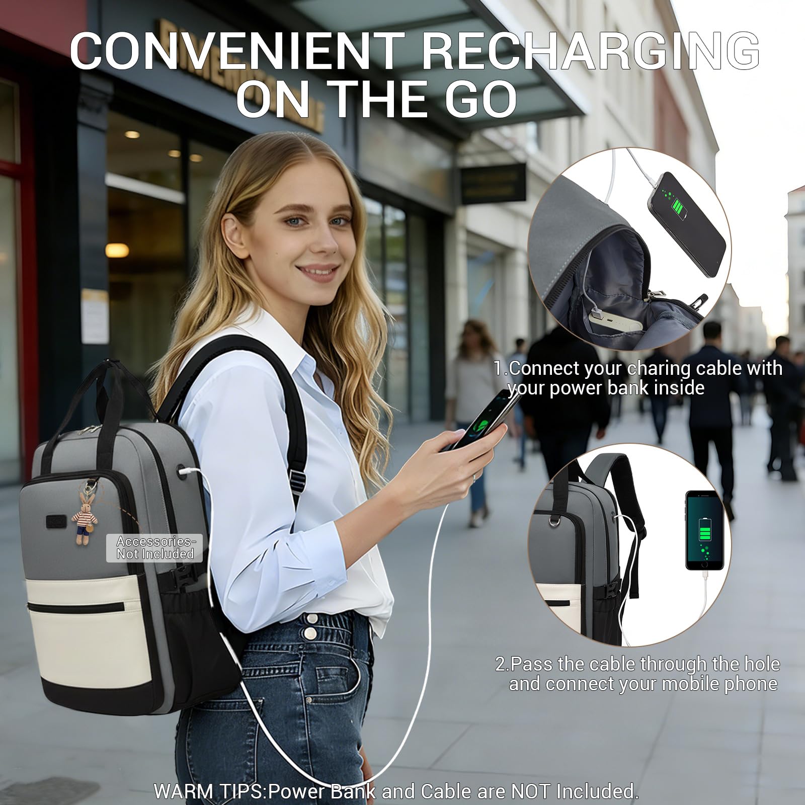 Kono Mochila para Portátil 15,6 Pulgadas Mujer, Gran Capacidad, Impermeable con Bolsillo para Botella, Ideal para Trabajo, Universidad, Viajes(Gris/Beige)