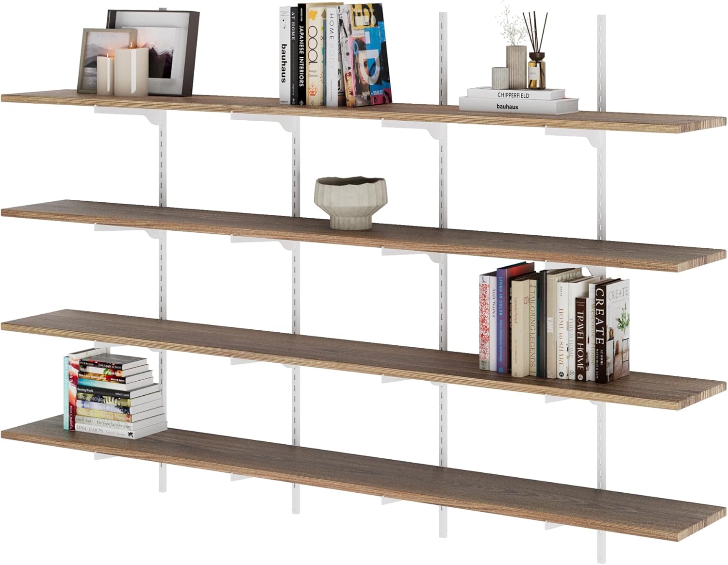 Wallniture Turin 72 Inch Floating Shelf, 10" Deep Adjustable Wall Shelves, Hanging Shelf, Wooden Floating Shelves, Wall Mounted Bookshelf, Storage for Living Room, Office, Burnt (4 Tier - 48" Height)