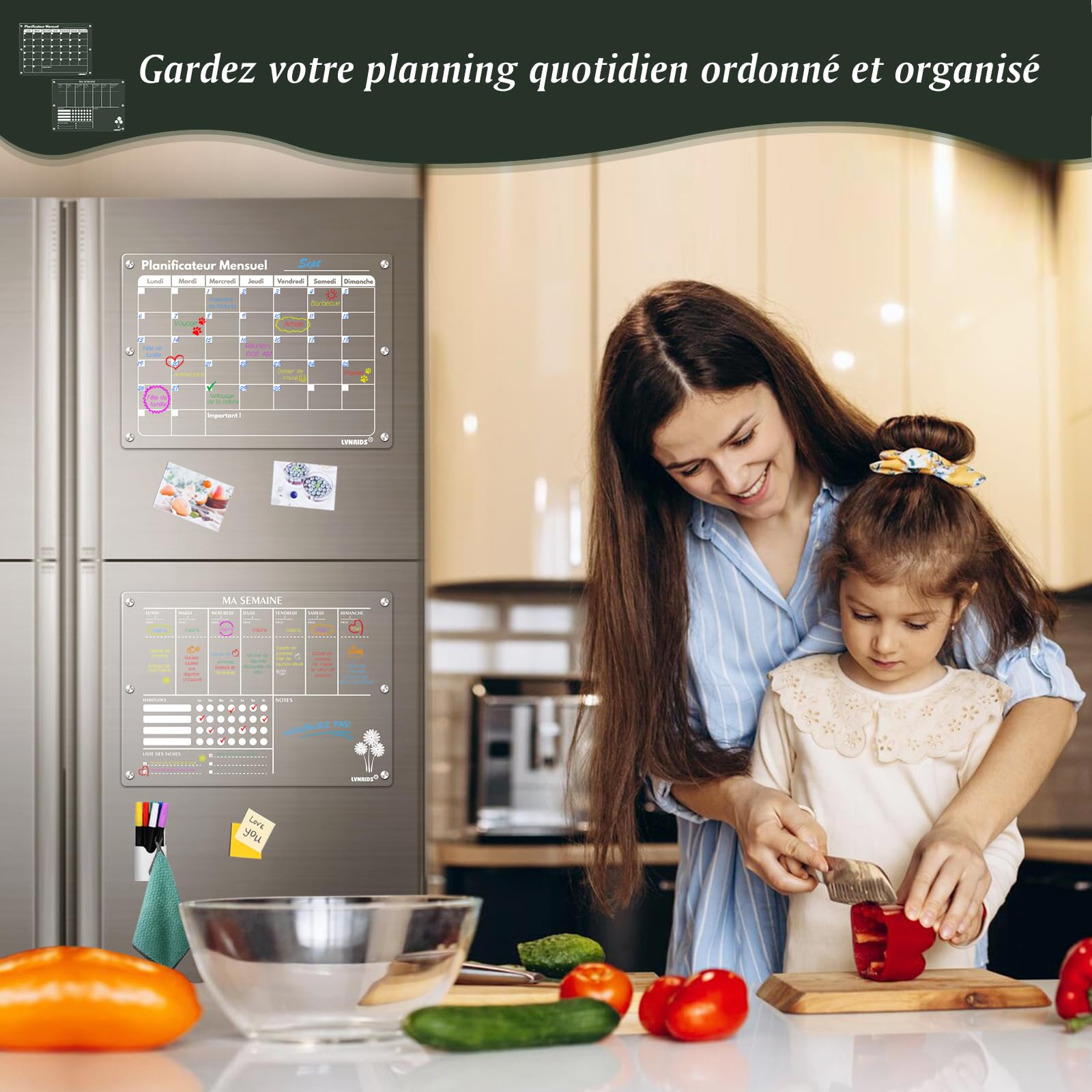 2 Pack Calendrier Frigo Transparent Magnetique en Français, 42 x 30 cm Acrylique Calendrier Magnetique Planner Frigo et Planning Semaine Magnétique Tableau Transparent