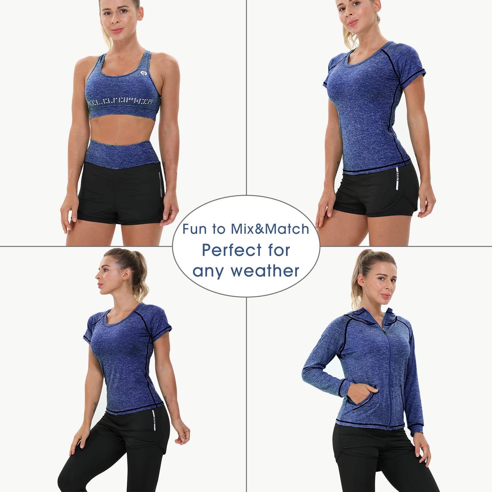 JULY'S SONG Tuta da yoga, set da 5 pezzi, abbigliamento da corsa, palestra, fitness, Blu mare, XL