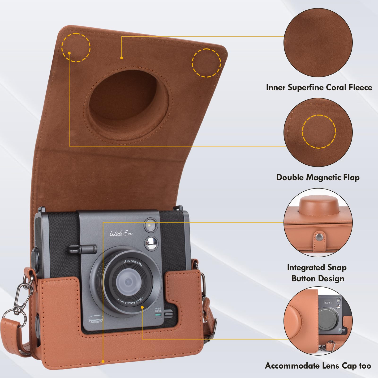 HIQYIN Étui Instax Wide Evo, Coque de Protection Compatible avec l'appareil Photo instantané Hybride Fujifilm Instax Wide Evo, étui de Transport en Cuir PU avec bandoulière réglable - Marron