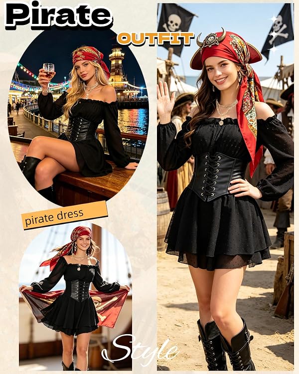 minkasic Women Pirate Costume Dress with Corset Accessories Long Sleeve Romper Short Off Shoulder Dress by minkasic - Used condition - Image 4