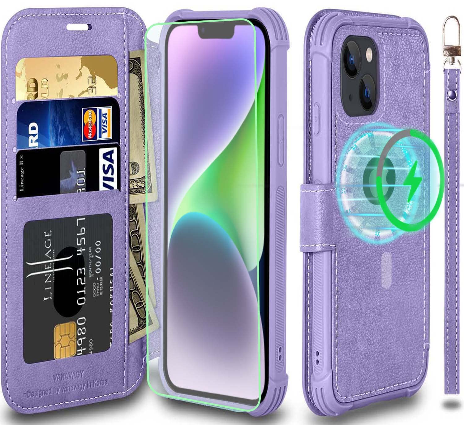 VANAVAGY Compatible for iPhone 13/14 Wallet Case for Magsafe,RFID Flip Leather Cover with Wrist Supports Wireless Charging with Card Holder and Glass Screen Protector,Clove Purple