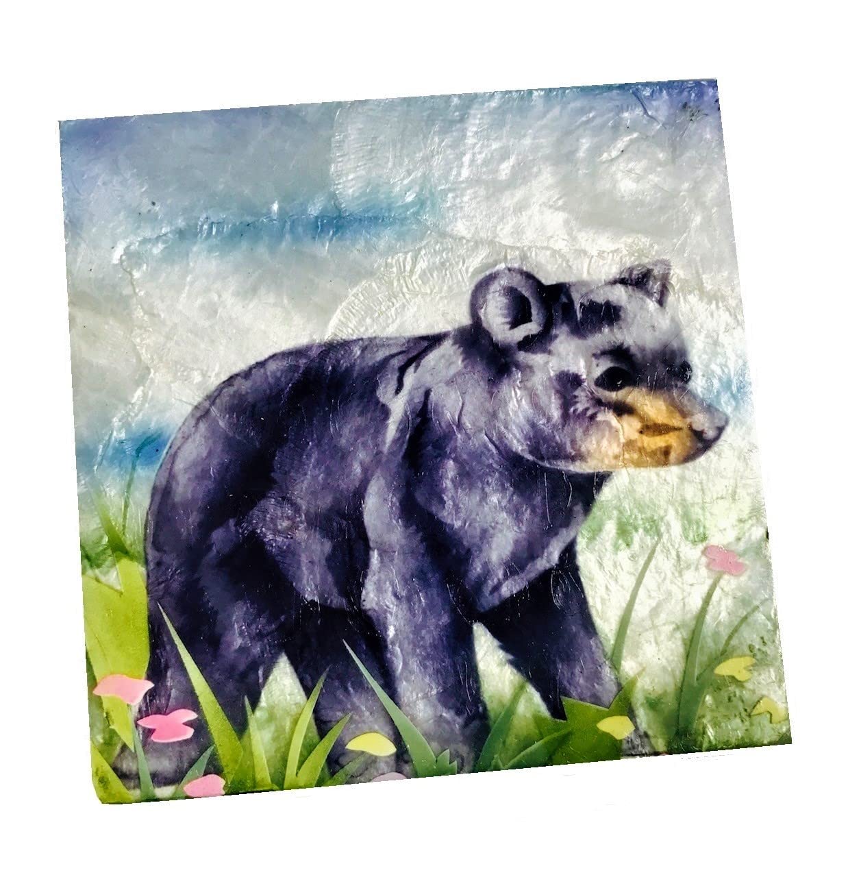 Kubla Craft Capiz Shell Trinket Box Black Bear 3" X 3" X 1.5"