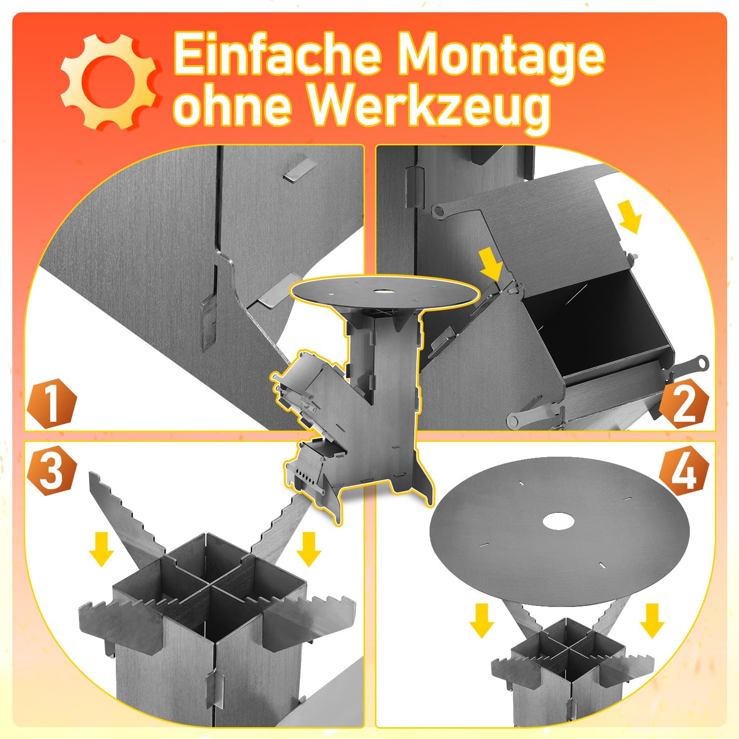 Raketenofen mit Grillplatte groß 5mm, Rocket Stove mit Feuerhaken，Kanonenofen Stecksystem aus massivem 3 mm dickem Stahl，2 zusätzlichen Standfüßen，Holzofen Outdoor für Camping, BBQ, Dutch Oven
