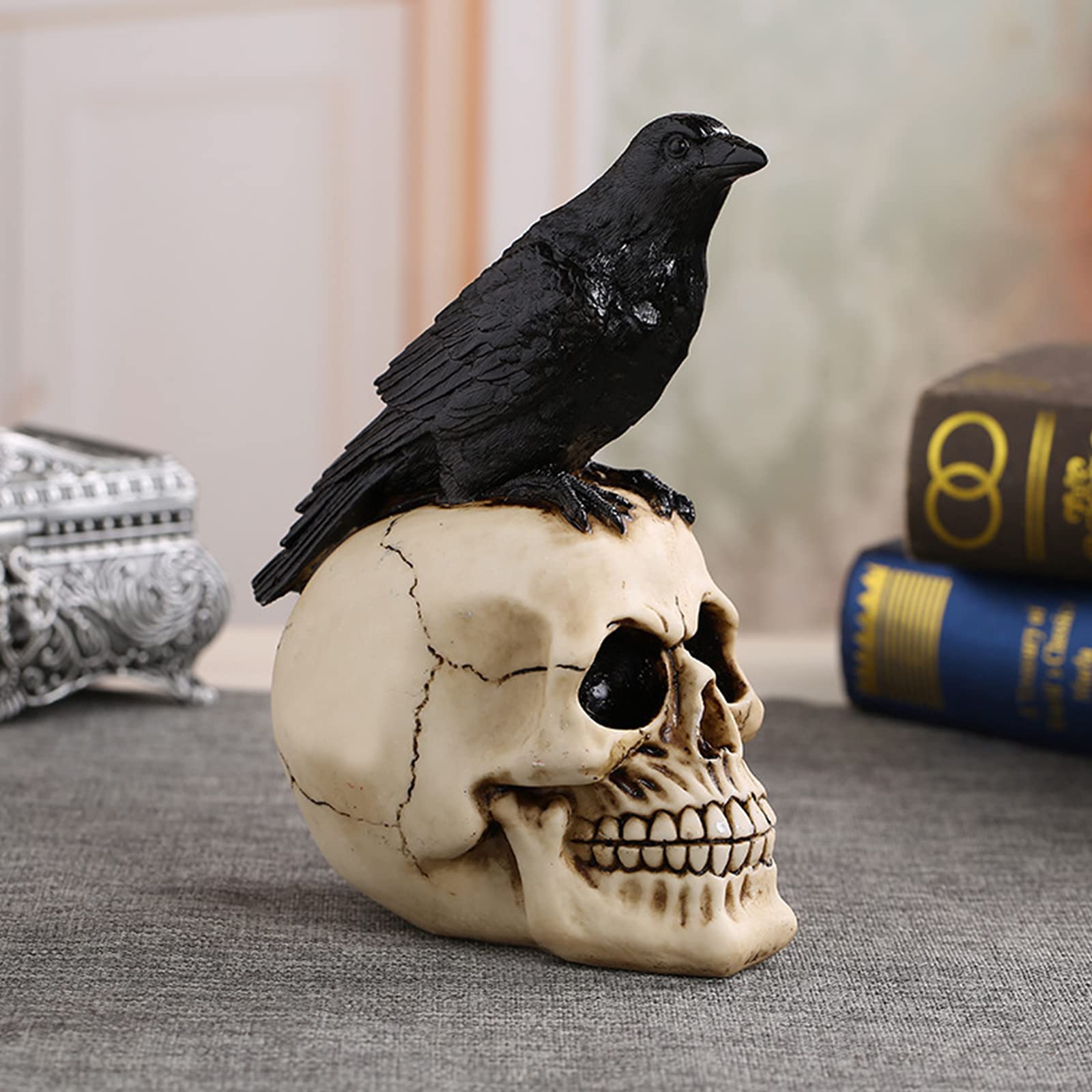 Cráneo Personaje Gótico Diseño Humano Cráneo Y Cuervo Significa Muerte Mejor Simulación Srequizise Resina Decoración para Halloween,10 * 15 * 21cm