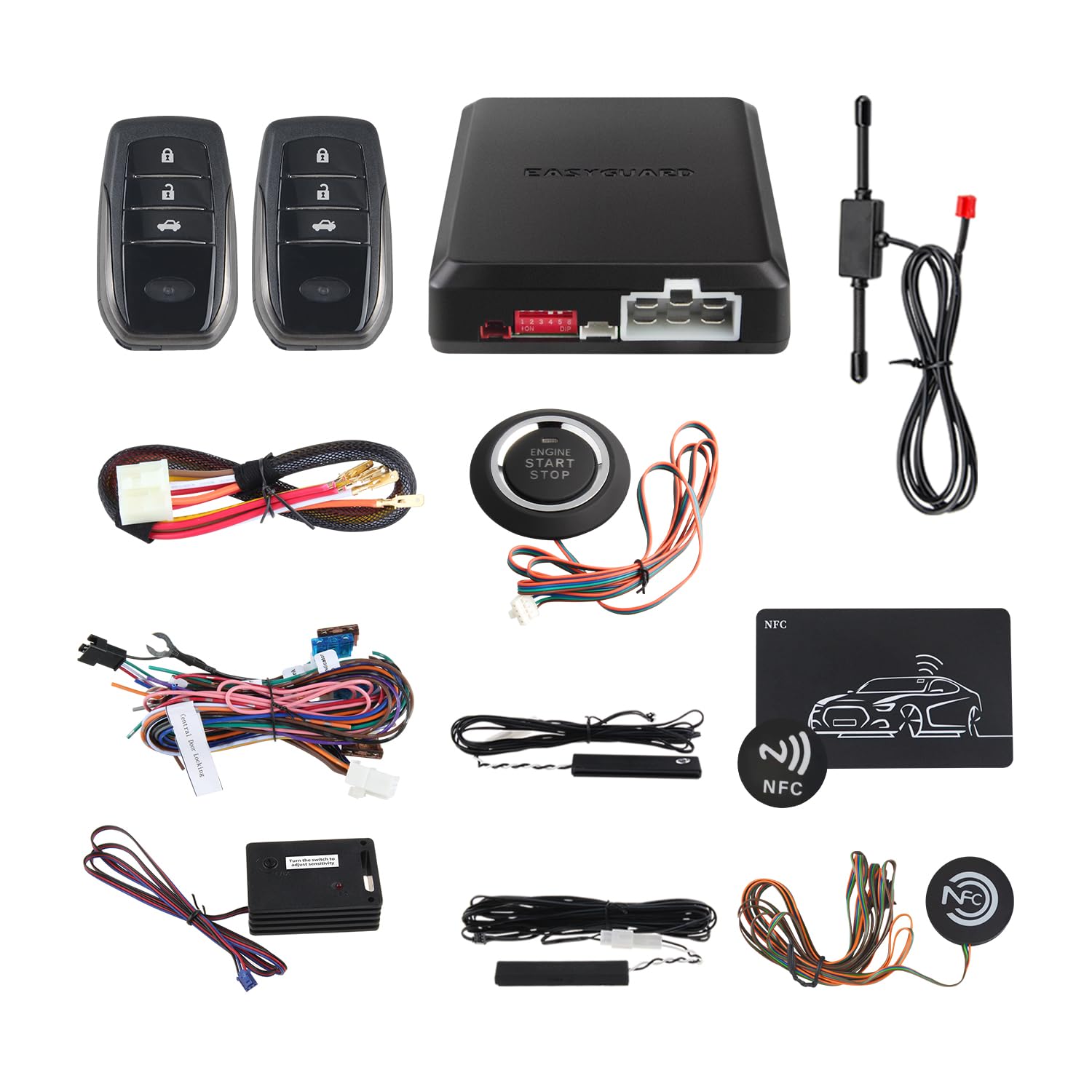 EASYGUARD EC002-T2-NS PKE Car Alarm System Proximity Sensor Lock Unlock Remote Engine Start Push Start Button NFC Lock and Unlock Vibration Alarm DC12V