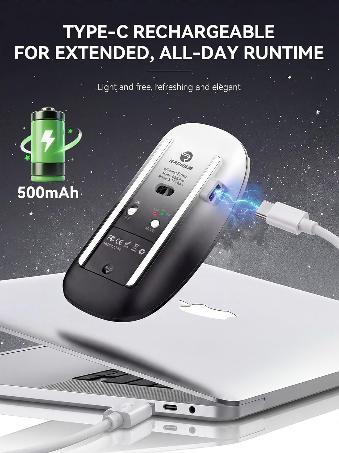 RAPIQUE R306 Pro Wireless Mouse being charged via USB-C