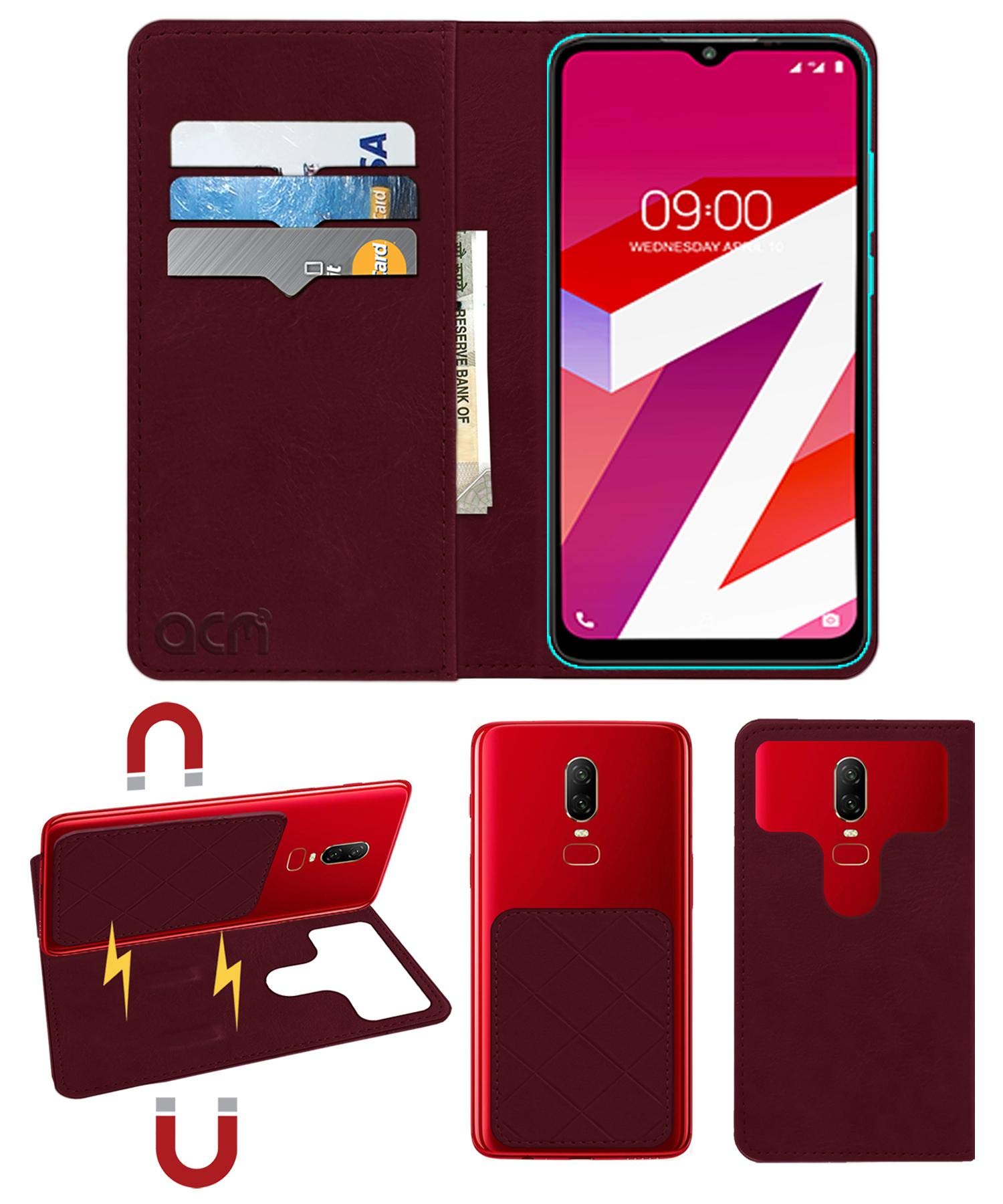 ACM Magic Magnetic 2 in 1 Leather Flip Case/Back Cover Compatible with Lava Myz Mobile Flap Wine Red