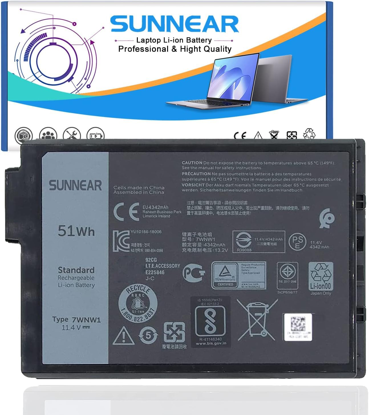 51Wh 7WNW1 Laptop Battery for Dell Latitude 7424 5420 5424 Rugged Extreme
