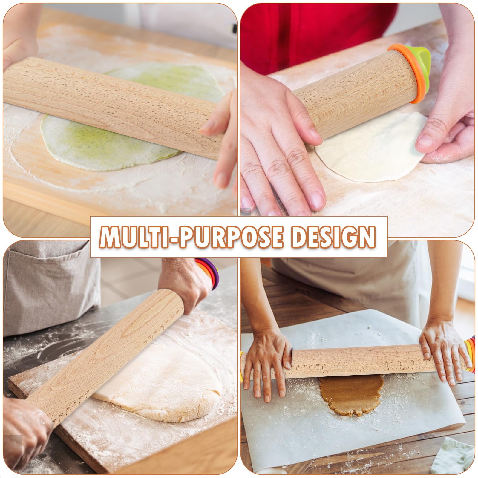 Nudelholz aus Holz, 43,2 cm, Nudelholz mit 4 verstellbaren Ringen, abgestufter Nudelholz zum Backen, Fondant, Pizza, Kruste, Kekse, Gebäck