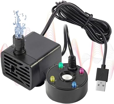 Fountain Mist Maker, USB 5V Mini Pond Fog Machine with 4 LED Lights & Suction Cup, Water Pump Mist Maker Fogger for Outdoor Fountains, Water Feature Decorations