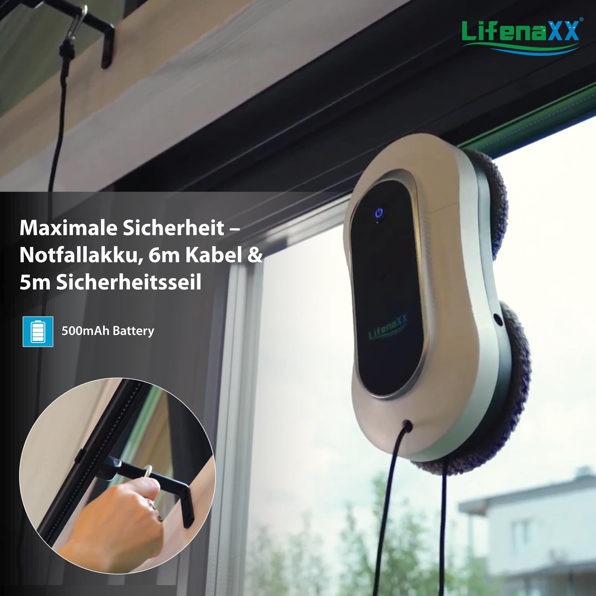 Lifenaxx Fortschrittlicher Fensterreinigungsroboter LX-055, elektrischer Fensterreiniger mit 2 Sprühdüsen, hohe Saugkraft, großer 70-ml-Wassertank, Fernbedienung – ideal für Fenster, Fliesen, Spiegel