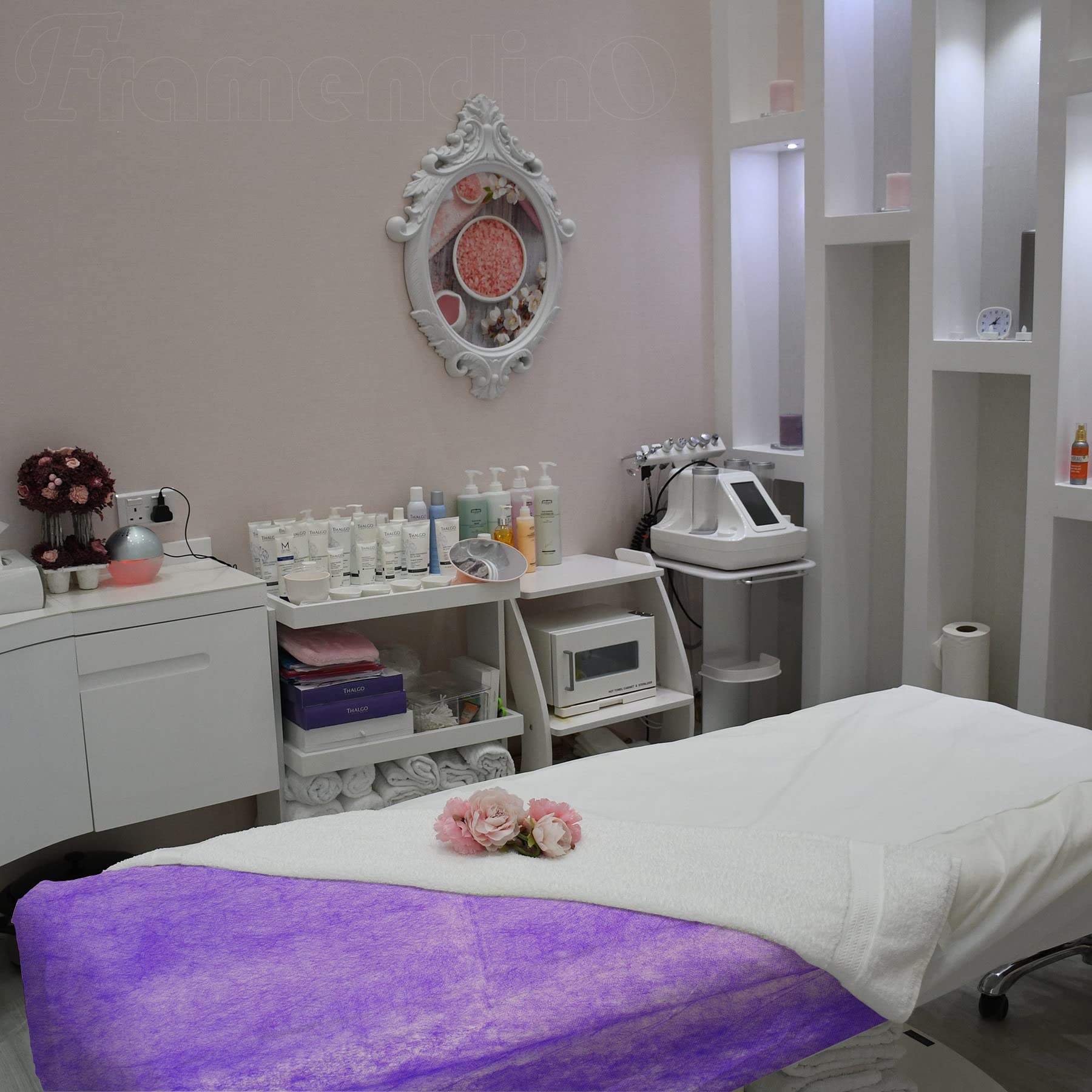 Framendino, Paquete de 50 sábanas desechables moradas para mesa de masaje, tela no tejida, transpirable, para silla de salón de belleza, camas de pestañas de hotel, 31 x 70 pulgadas