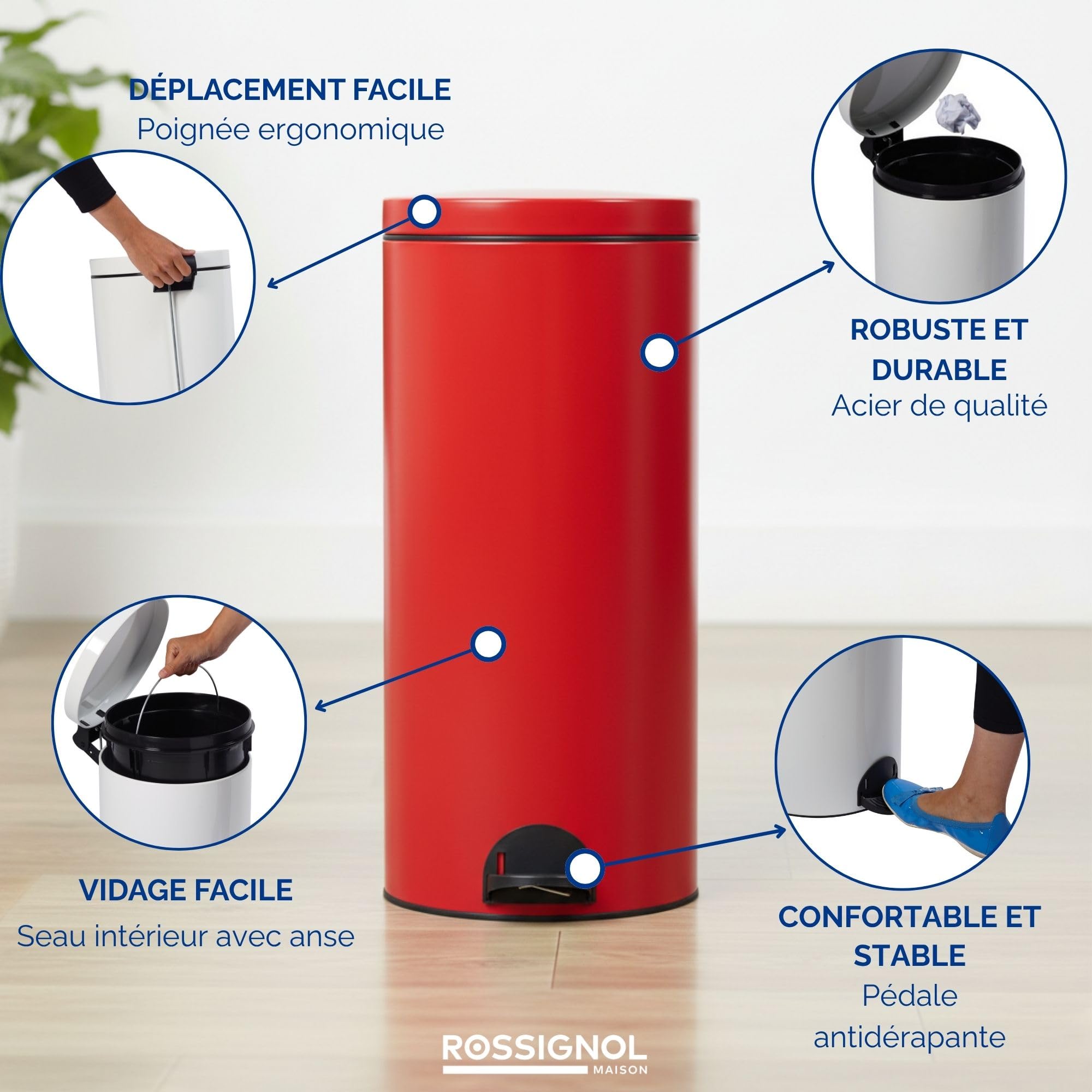 ROSSIGNOL Poubelle de cuisine, Poubelle 30L, Poubelle à pédale, Fabrication française, Seau intérieur amovible avec anse, Pratique ELORA