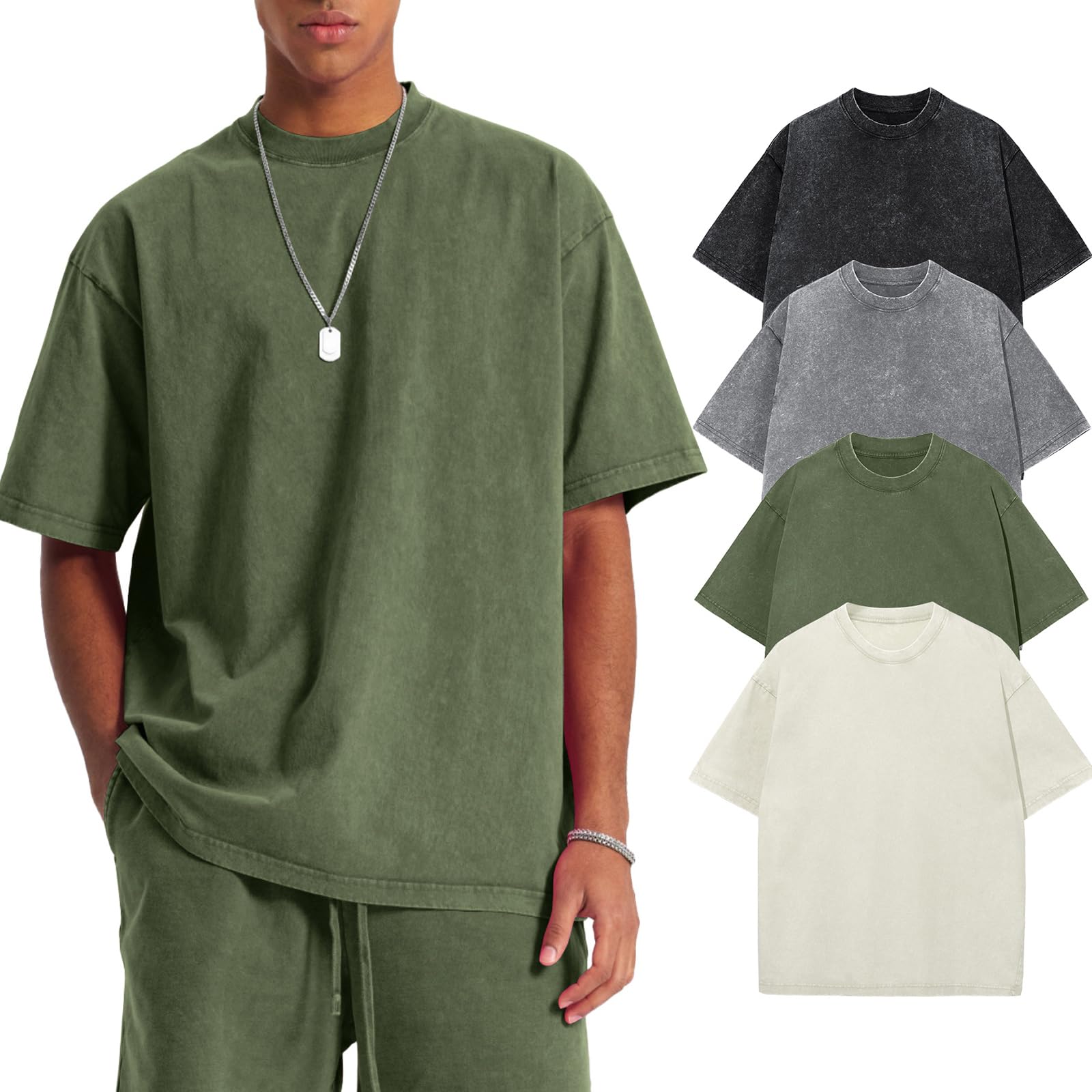 Herren Oversized T-Shirt Pack Rundhals Basic Kurzarm Oberteil Sommer Retro Washed Top Vintage Casual Tee Shirts
