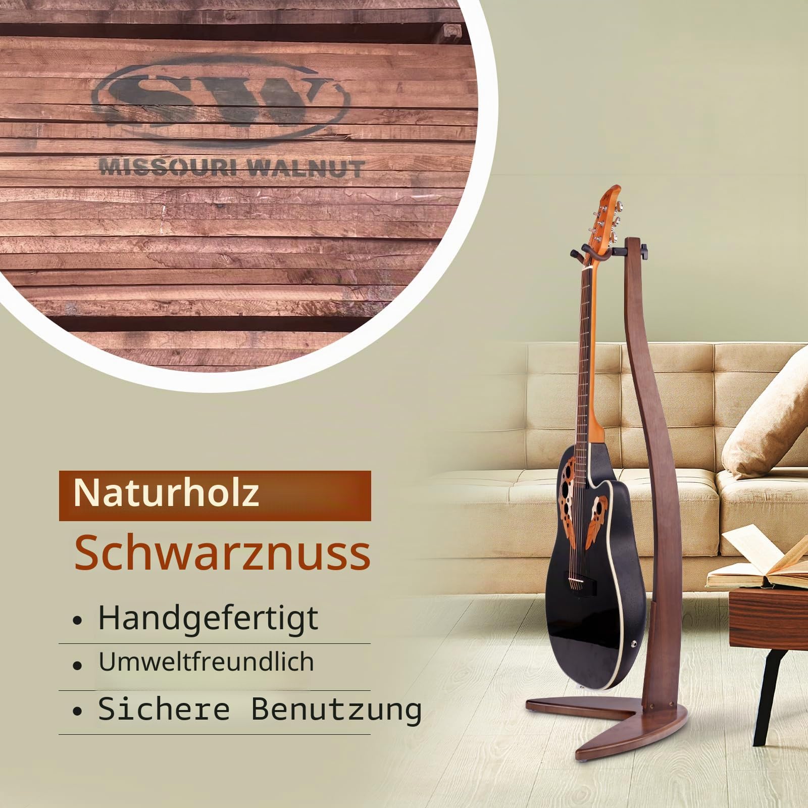 MUSO Gitarren-Bass-Aufhänger aus Massivholz, Bogenhalter in Meerjungfrau-Form zur Präsentation und Aufbewahrung, 106,7 cm Höhe, kratzfest und stoßfest, deorate Studios, Wohnzimmer und Bühne (schwarze