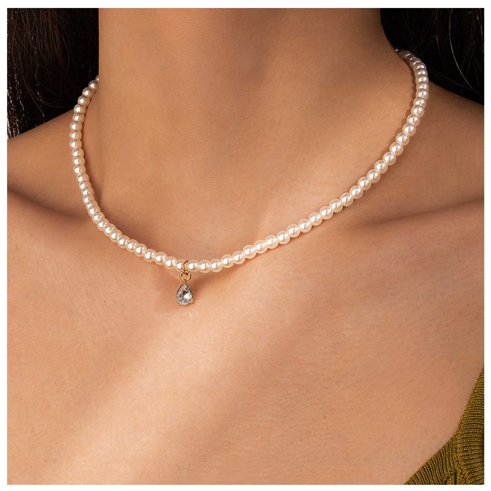 DerviveaCollar de perlas vintage gargantilla pequeña lágrima colgante de cristal collar de cadena de perlas boho collar de piedras preciosas de gota de agua para mujeres y niñas
