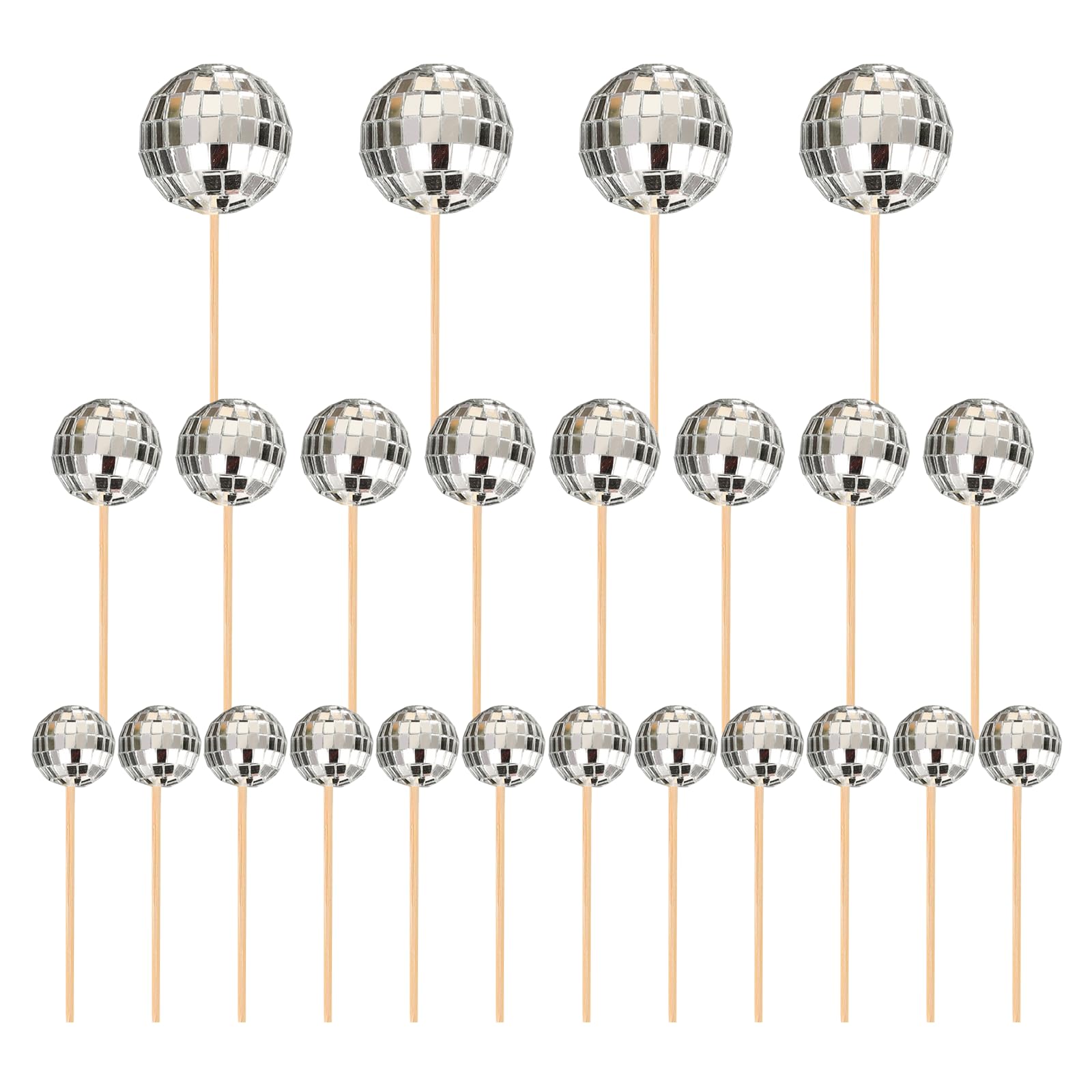 24pcs Pre-assembled Disco Ball Cake Decorations with Wooden Sticks, Silver Mirror Ball Cake Toppers in 3 Sizes for 70s Disco Theme Cake, Birthday, Wedding, Festival Party Decor