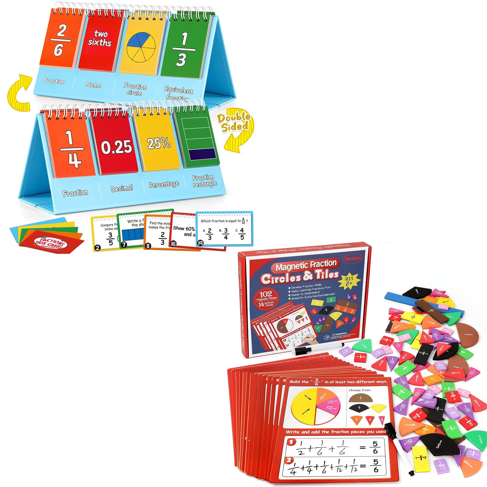 Torlam Magnetic Fraction Tiles & Fraction Circles Activity Set & Fraction Circles & Percentage & Decimal Flip Chart for Kids Math Games Math Manipulatives Homeschool Supplies