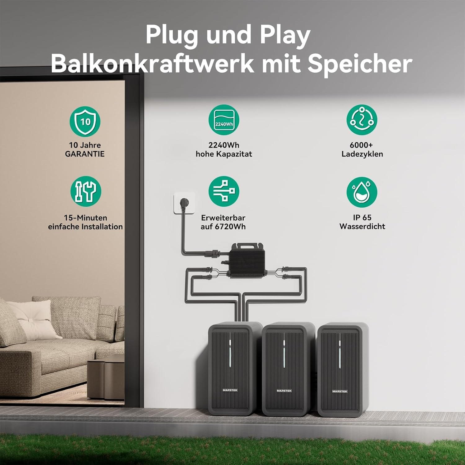 Marstek B2500 Speicher 2240Wh für Balkonkraftwerke, LiFePO4 Akku 6000 Ladezyklen, Erweiterbar, Einfache Installation, IP65 wasserdicht & staubfest (B2500D)