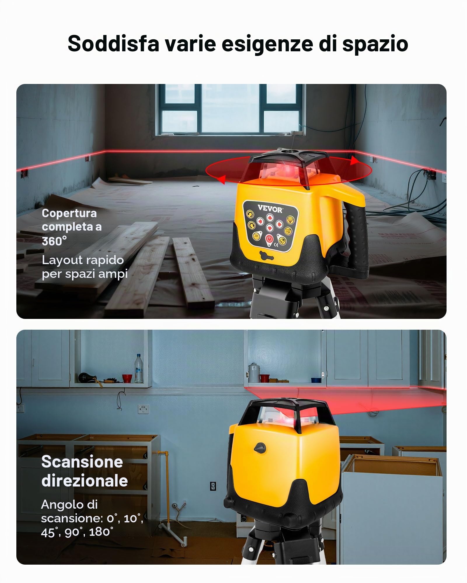 VEVOR Kit Livella Laser Rotante Raggio Rosso Portata 300 m, Inclinazione Regolabile, Rotazione 360 Gradi, Kit Scatola da Trasporto, Impermeabile IP54, Ricevitore Telecomando