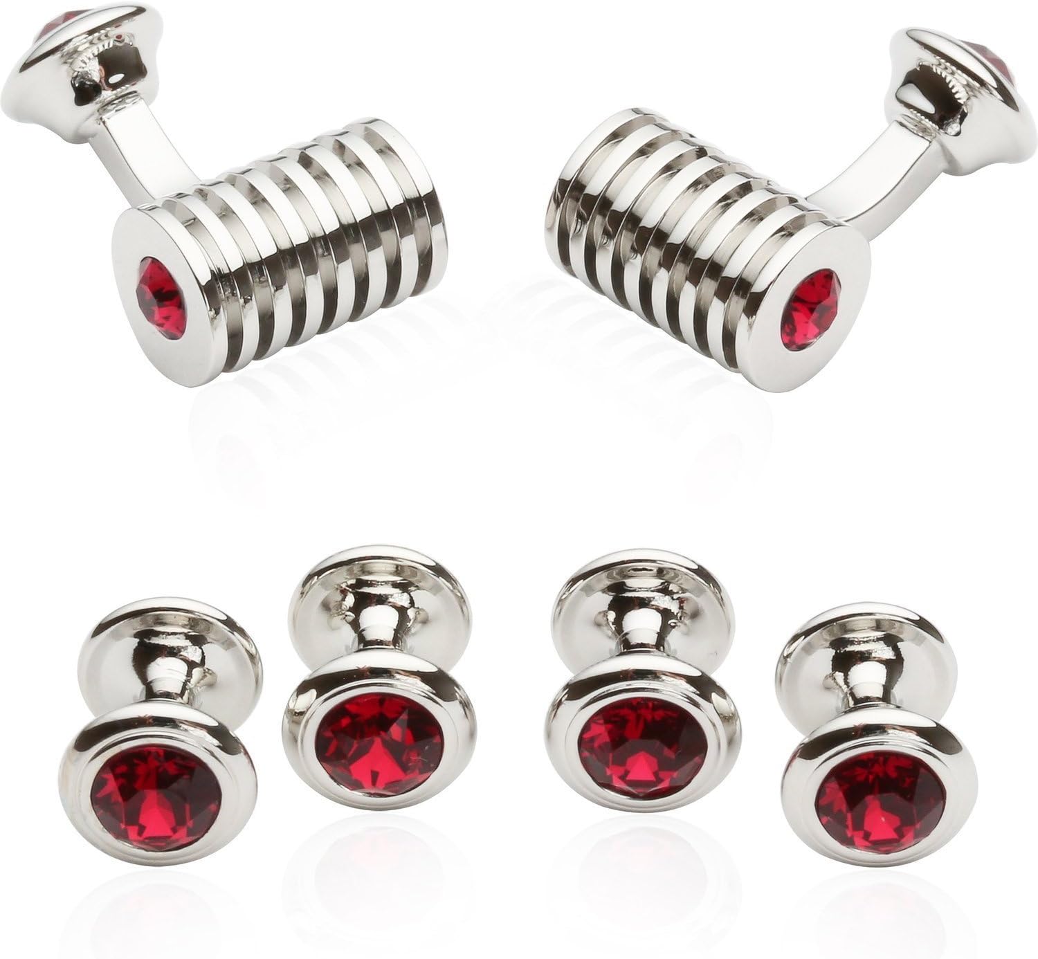 Men's Silver Ruby Red Crystal Cufflinks and Studs Tuxedo Shirt Formal Set with Jewelry Presentation Box Storage Travel Special Occasions Wedding Cufflinks & Shirt Accessories